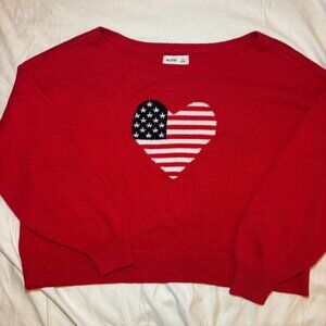 Hollister Easy Off-the-Shoulder Heart Flag Graphic Sweater Medium Red